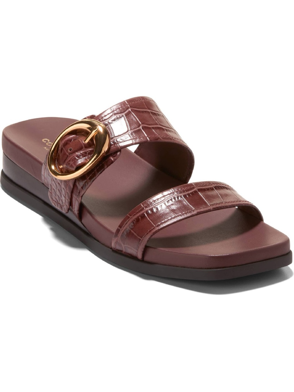 Cole Haan Oaklynn Wedge SandalCroc -Embossed Mahogany with Gold Buckle